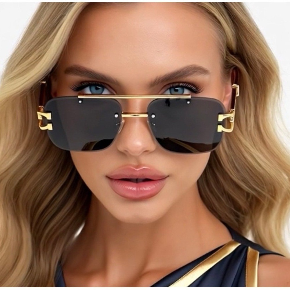 Womens Rimless‎ Square Classy Sunglasses Dark Black Lens Luxury Fashion Female